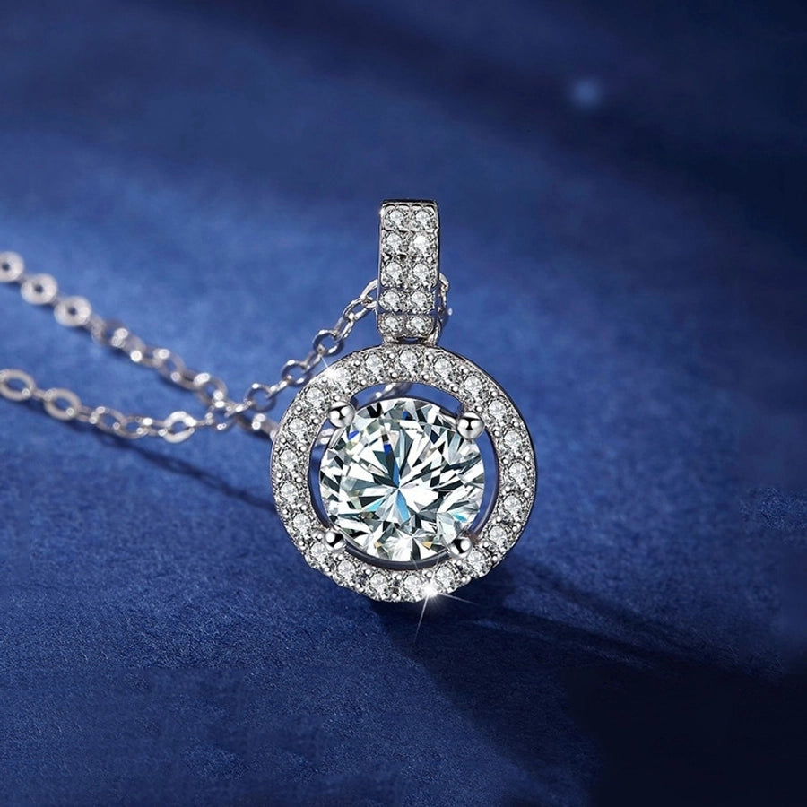 925 Sterling Silver Moissanite GRA Inlay Round Pendant Necklace