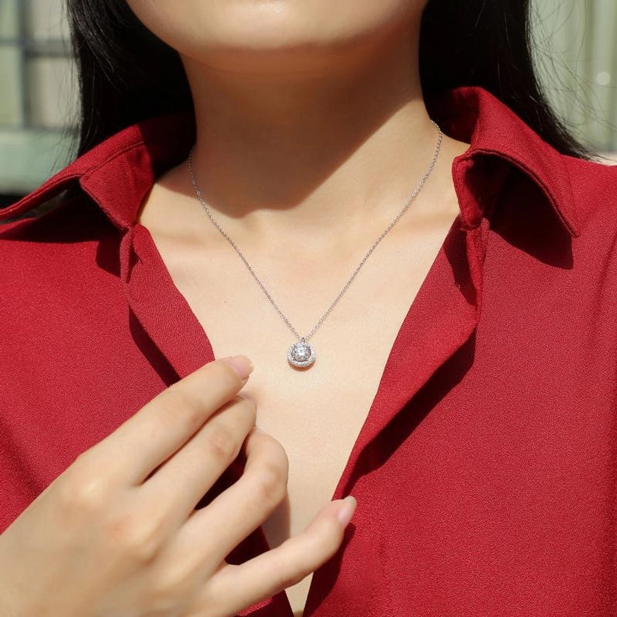 925 Sterling Silver Moissanite Inlay Round Pendant Necklace