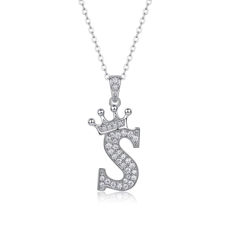 925 Sterling Silver Moissanite Inlay Letter Crown Pendant Necklace