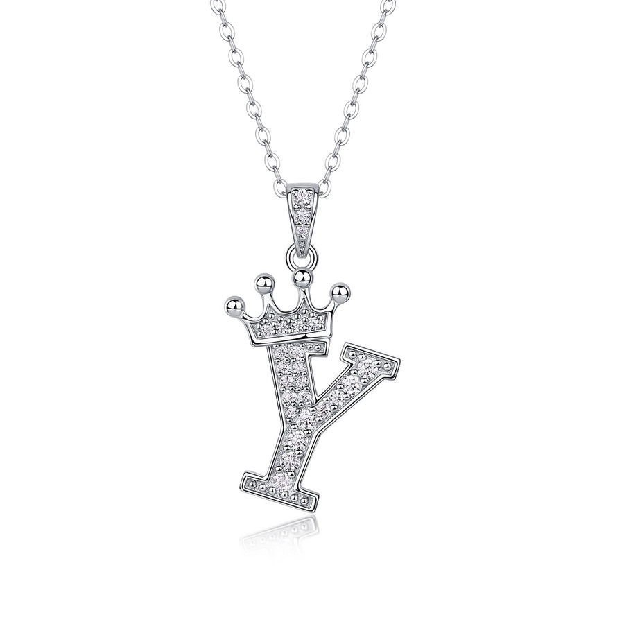 925 Sterling Silver Moissanite Inlay Letter Crown Pendant Necklace
