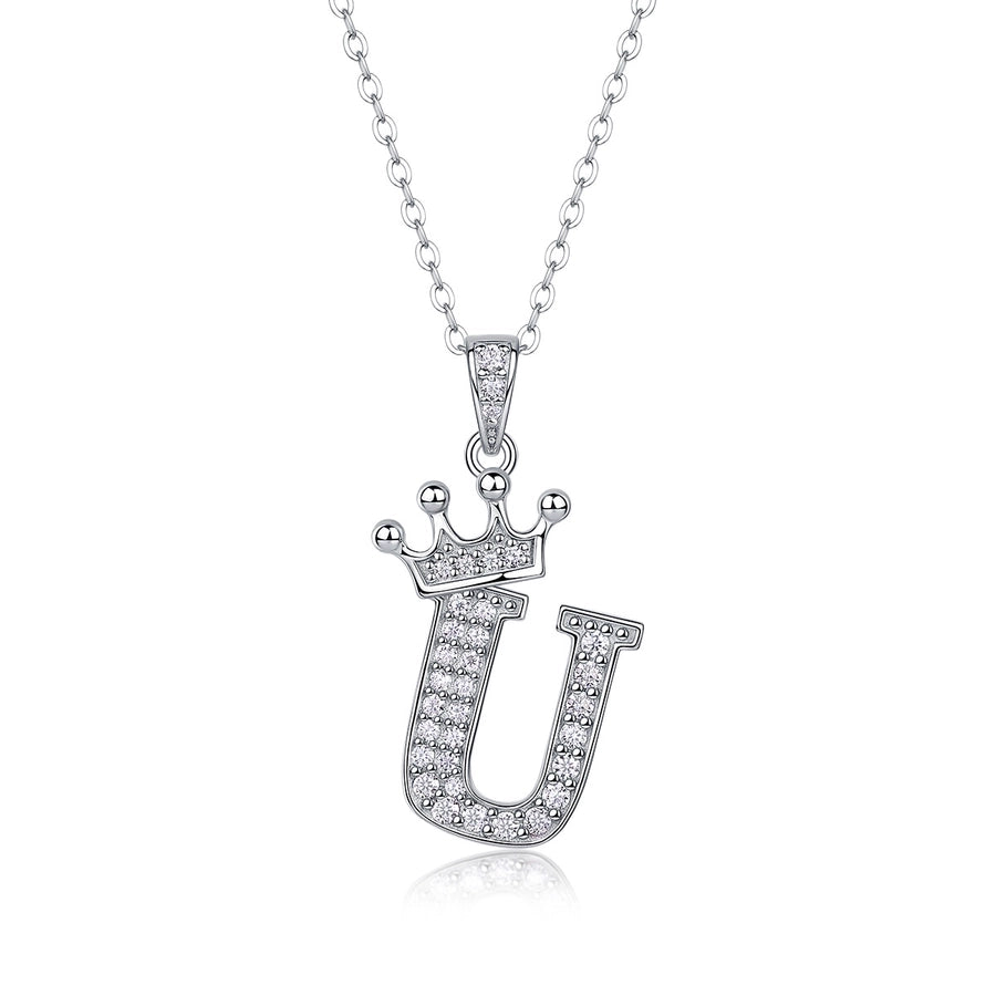 925 Sterling Silver Moissanite Inlay Letter Crown Pendant Necklace