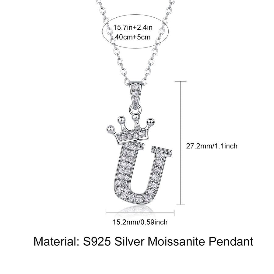 925 Sterling Silver Moissanite Inlay Letter Crown Pendant Necklace