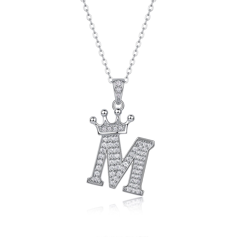 925 Sterling Silver Moissanite Inlay Letter Crown Pendant Necklace