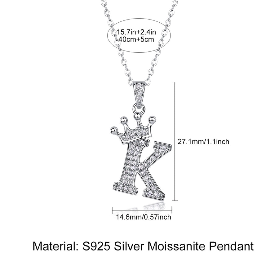 925 Sterling Silver Moissanite Inlay Letter Crown Pendant Necklace