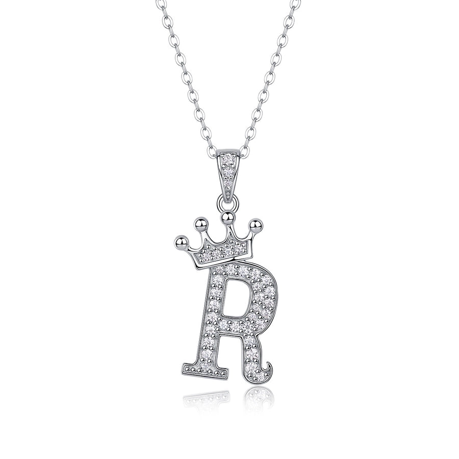 925 Sterling Silver Moissanite Inlay Letter Crown Pendant Necklace