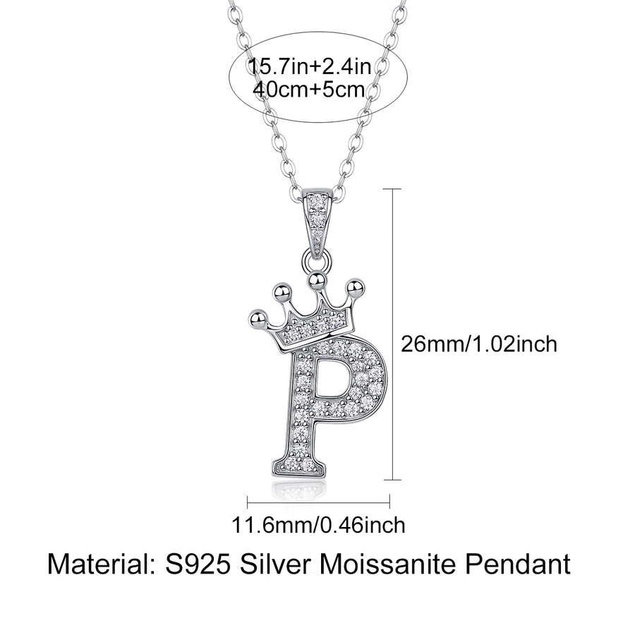 925 Sterling Silver Moissanite Inlay Letter Crown Pendant Necklace