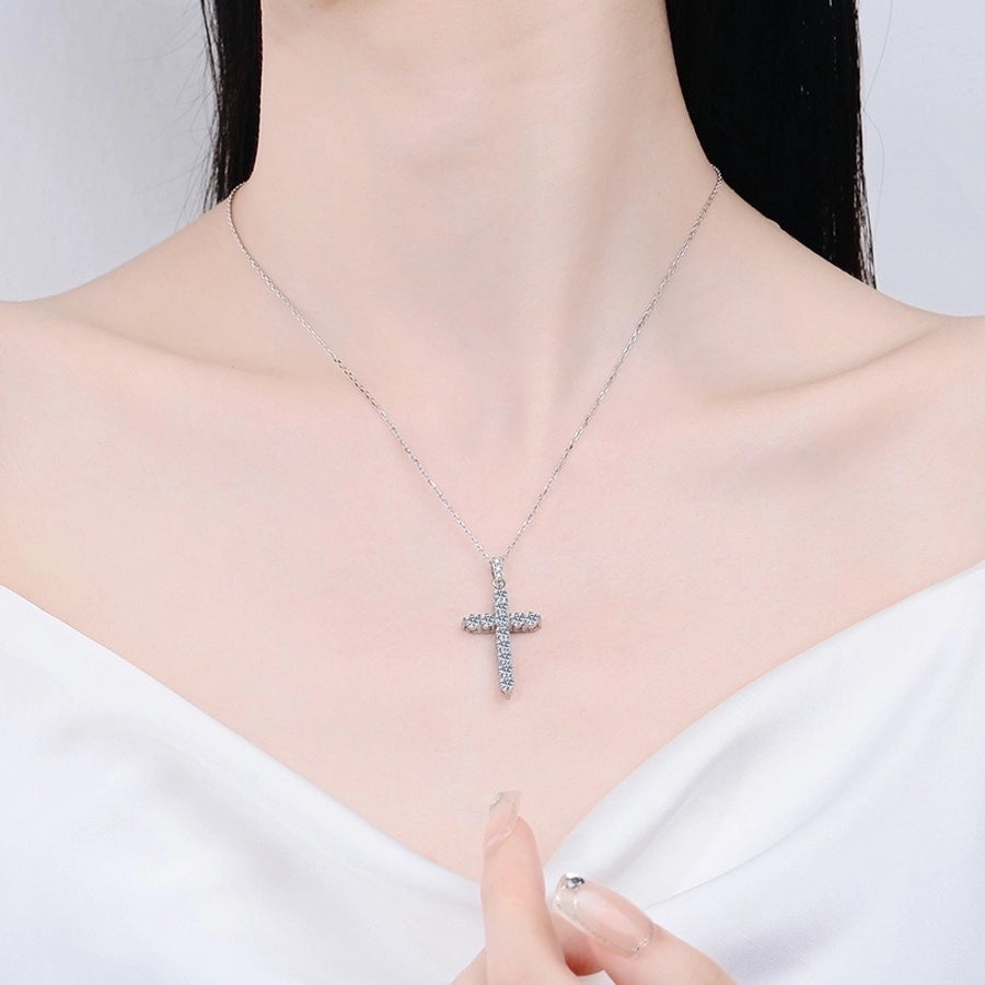 925 Sterling Silver Moissanite Inlay Cross Pendant Necklace