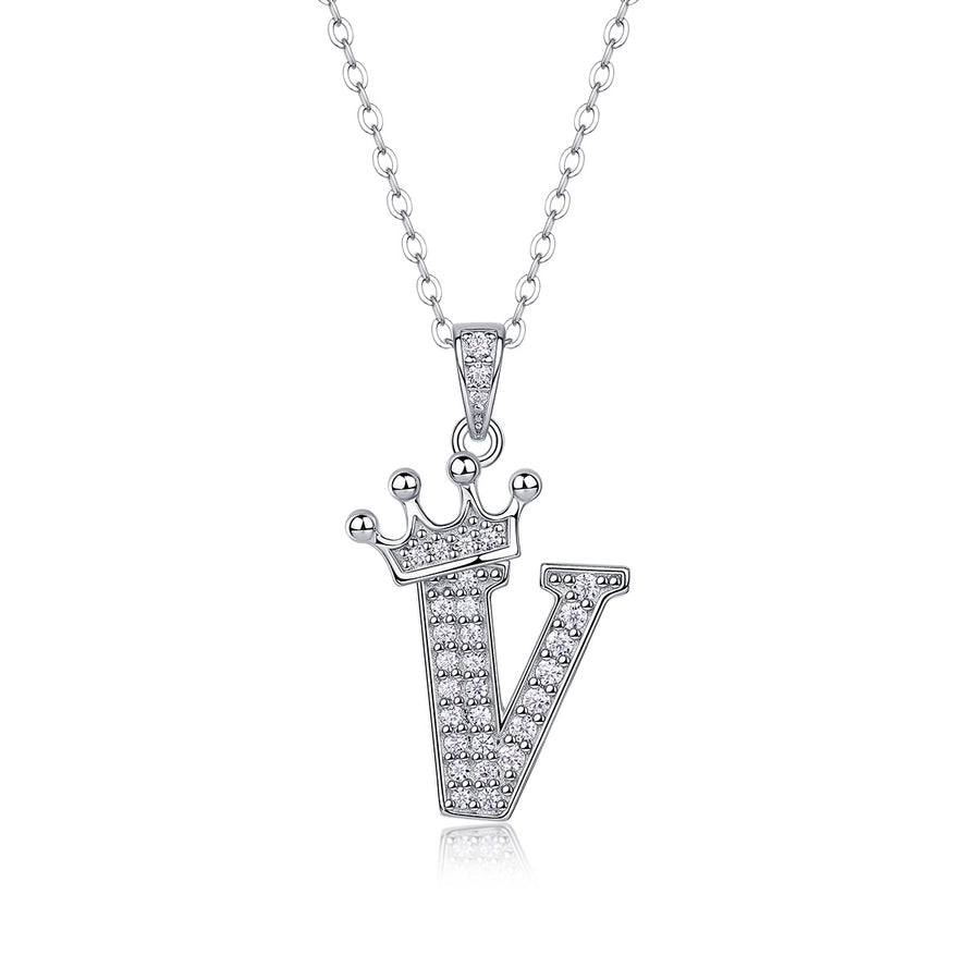 925 Sterling Silver Moissanite Inlay Letter Crown Pendant Necklace
